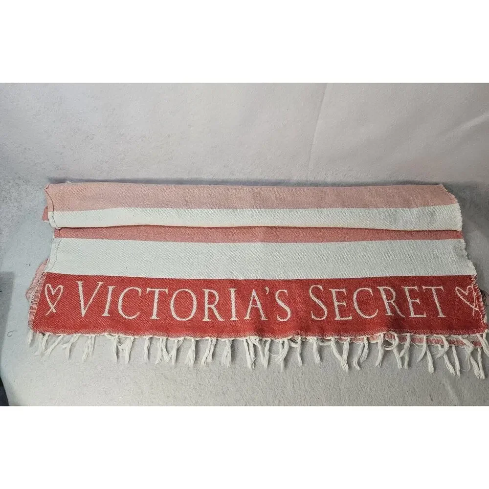 VICTORIA SECRET Beach Towel Red Pink White Stripe Fringe Trim Tassel 100% Cotton